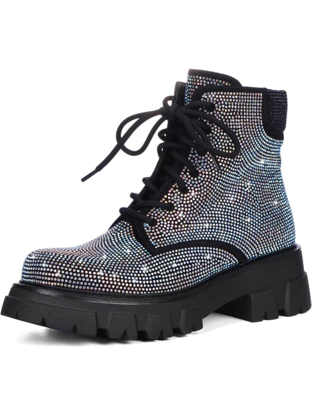 Women Blunish Rhinestone Combat Boot Chunky Heel Lace Up Ankle Boot Side Zipper